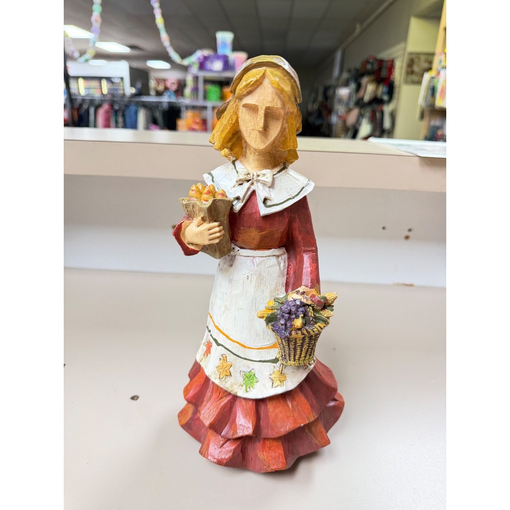 Thanksgiving Pilgrim Woman Figurine Harvest Decor Autumn Folk Art Statue
